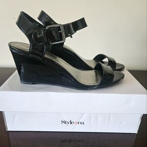 Black Patent Leather Wedge Sandals